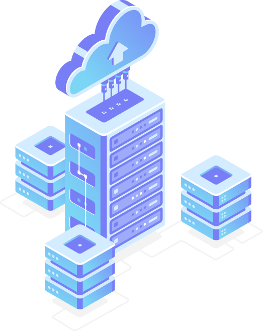 An image showing multiple server racks connected to a cloud
								 hovering above.